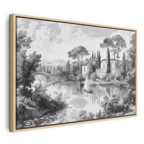 Canvas Print - Black and White Vintage Landscape Retro View of a Pond with a Boat - Image 3