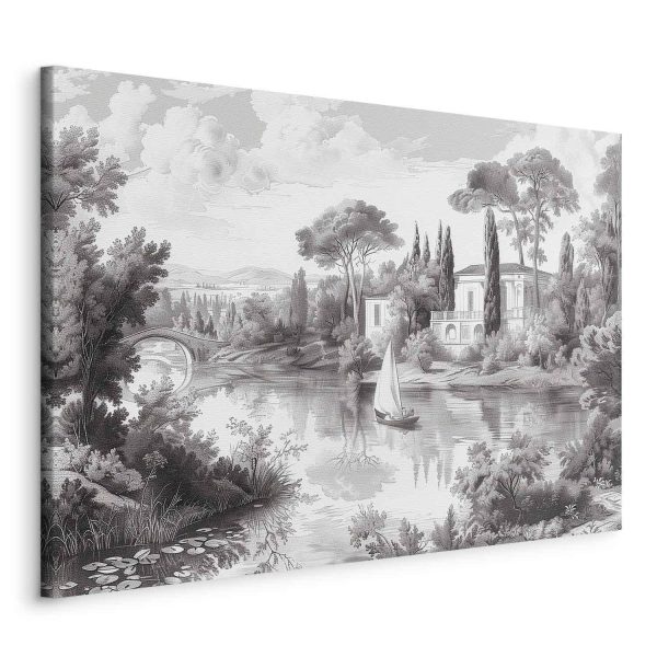 Canvas Print - Black and White Vintage Landscape Retro View of a Pond with a Boat - Image 2