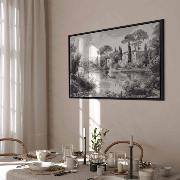 Canvas Print - Black and White Vintage Landscape Retro View of a Pond with a Boat - Image 12