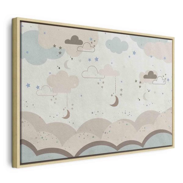 Canvas Print - Cloudy Night Sky - Moons in Brown and Beige Hues Among Clouds and Numerous Little Stars on a Light Background - Image 3