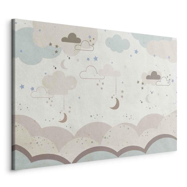Canvas Print - Cloudy Night Sky - Moons in Brown and Beige Hues Among Clouds and Numerous Little Stars on a Light Background - Image 2