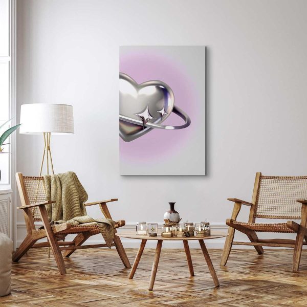 Canvas Print - Cosmic Heart - Silver Heart with a Ring on a Purple Background