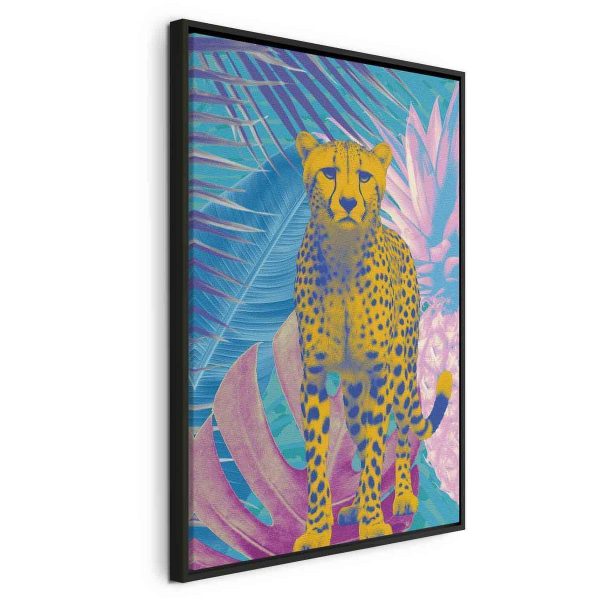 Canvas Print - Exotic Leopard - Colorful Portrait of a Cheetah Against Tropical Leaves