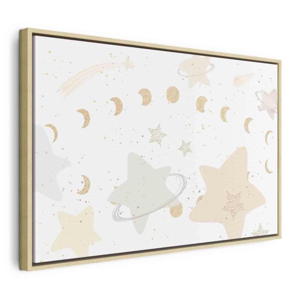 Canvas Print - Fairy-Tale Galaxy - Phases of the Moon in Yellow Tones Among Stars in Beige and Ash Colors with Stardust