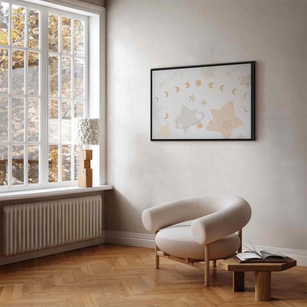 Canvas Print - Fairy-Tale Galaxy - Phases of the Moon in Yellow Tones Among Stars in Beige and Ash Colors with Stardust - Image 6