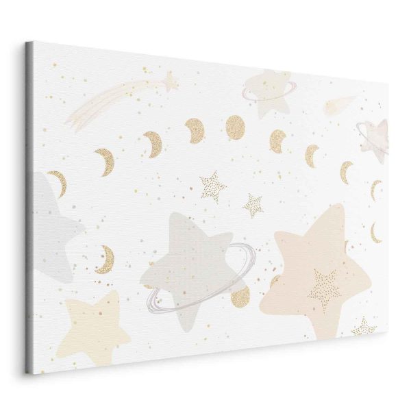Canvas Print - Fairy-Tale Galaxy - Phases of the Moon in Yellow Tones Among Stars in Beige and Ash Colors with Stardust - Image 2