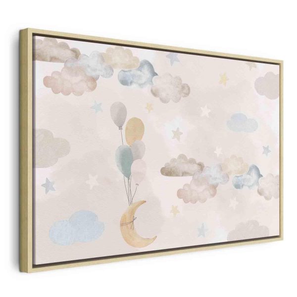 Canvas Print - Fairy-Tale Moon - Pastel Moon with Balloons Among Colorful Clouds and Stars in Subdued Colors on a Light Background - Image 3