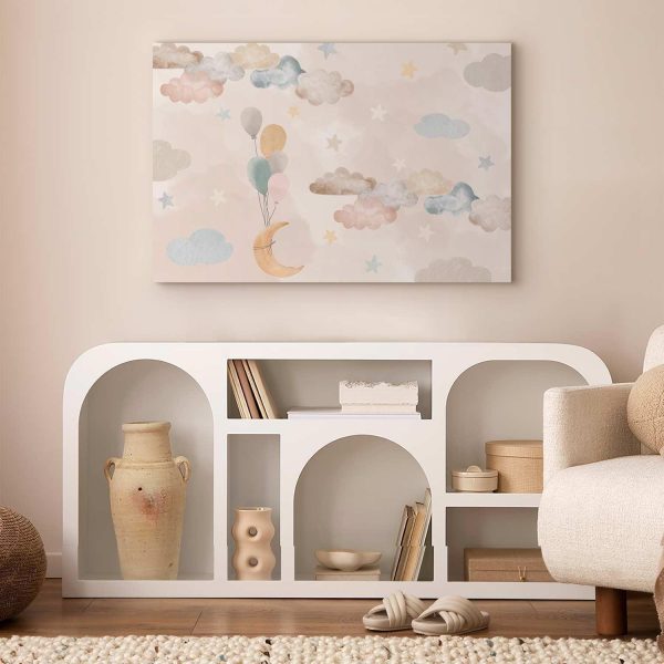 Canvas Print - Fairy-Tale Moon - Pastel Moon with Balloons Among Colorful Clouds and Stars in Subdued Colors on a Light Background - Image 5