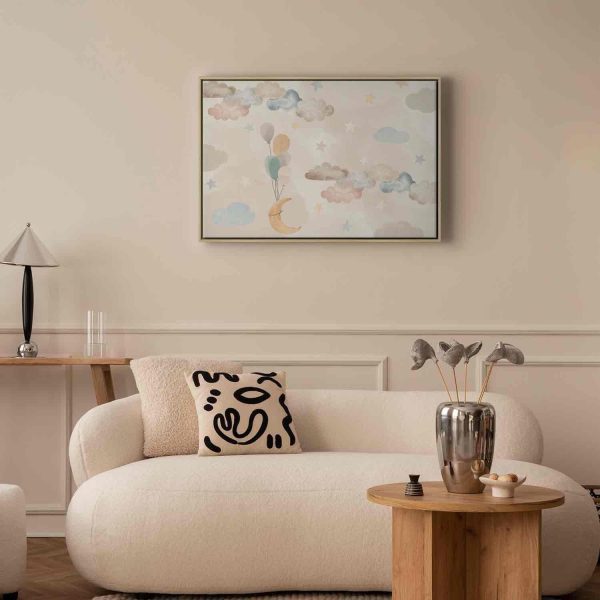 Canvas Print - Fairy-Tale Moon - Pastel Moon with Balloons Among Colorful Clouds and Stars in Subdued Colors on a Light Background - Image 6