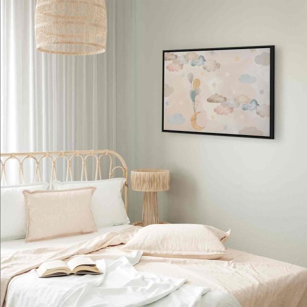Canvas Print - Fairy-Tale Moon - Pastel Moon with Balloons Among Colorful Clouds and Stars in Subdued Colors on a Light Background - Image 7