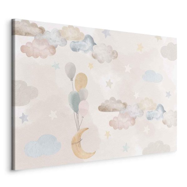 Canvas Print - Fairy-Tale Moon - Pastel Moon with Balloons Among Colorful Clouds and Stars in Subdued Colors on a Light Background - Image 2