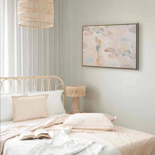 Canvas Print - Fairy-Tale Moon - Pastel Moon with Balloons Among Colorful Clouds and Stars in Subdued Colors on a Light Background - Image 11