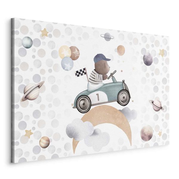 Canvas Print - Galactic Races - A Bear Participating in Car Races Among Planets Clouds and Stars in Pastel Hues - Image 2