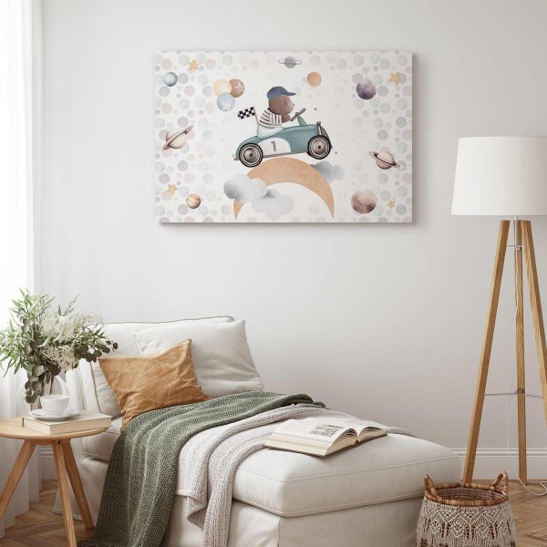 Canvas Print - Galactic Races - A Bear Participating in Car Races Among Planets Clouds and Stars in Pastel Hues - Image 4