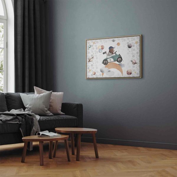 Canvas Print - Galactic Races - A Bear Participating in Car Races Among Planets Clouds and Stars in Pastel Hues - Image 5