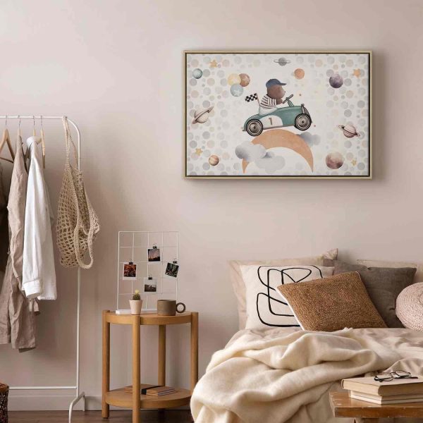 Canvas Print - Galactic Races - A Bear Participating in Car Races Among Planets Clouds and Stars in Pastel Hues - Image 10