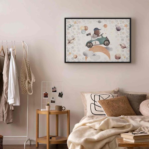 Canvas Print - Galactic Races - A Bear Participating in Car Races Among Planets Clouds and Stars in Pastel Hues - Image 6