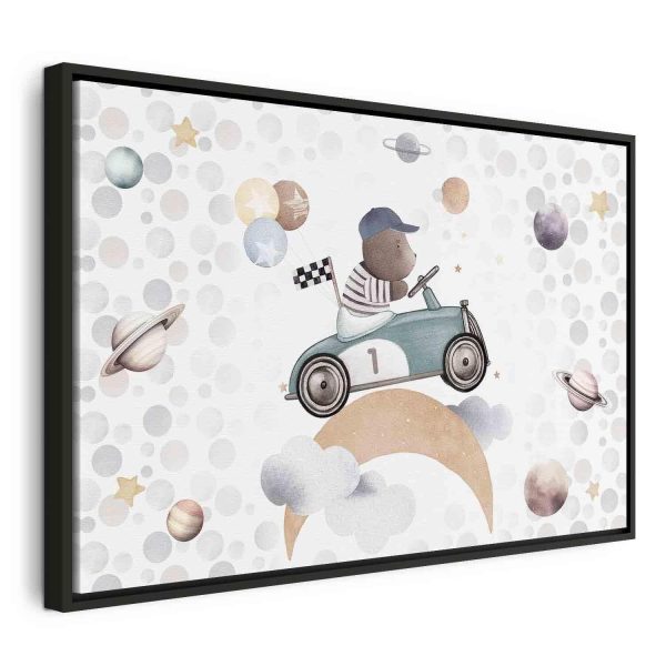 Canvas Print - Galactic Races - A Bear Participating in Car Races Among Planets Clouds and Stars in Pastel Hues