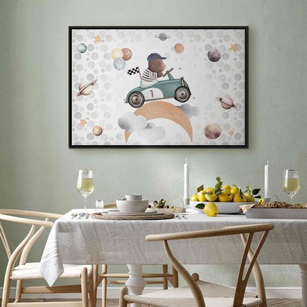 Canvas Print - Galactic Races - A Bear Participating in Car Races Among Planets Clouds and Stars in Pastel Hues - Image 11