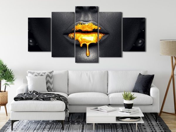 Canvas Print - Gold Lips (5 Parts) Wide - Image 4