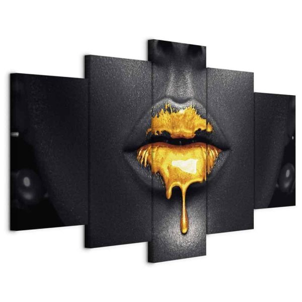 Canvas Print - Gold Lips (5 Parts) Wide