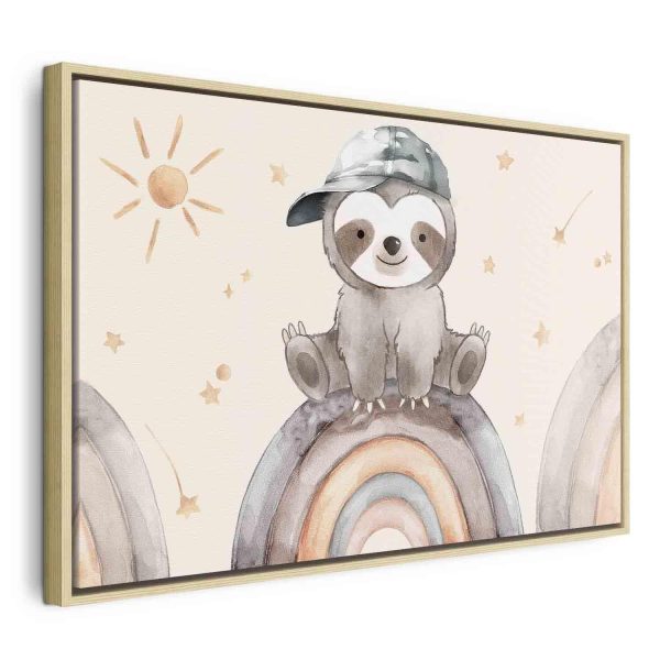 Canvas Print - Happy Sloth - Sloth in Subdued Colors Wearing a Cap Sitting on a Rainbow Among Little Stars - Image 3