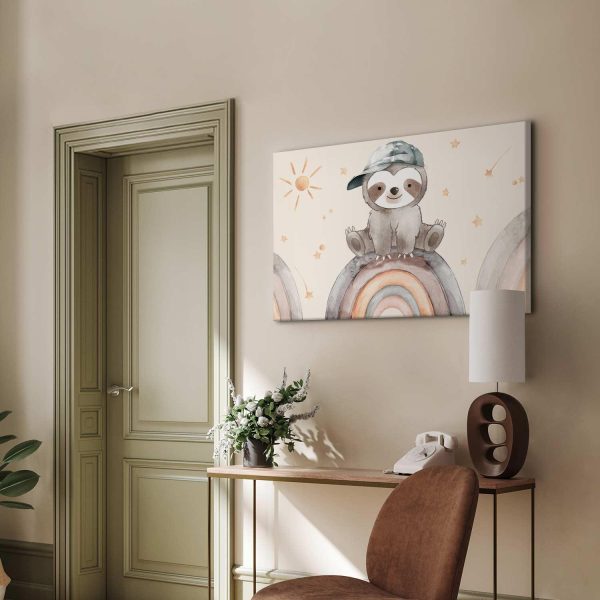 Canvas Print - Happy Sloth - Sloth in Subdued Colors Wearing a Cap Sitting on a Rainbow Among Little Stars - Image 5