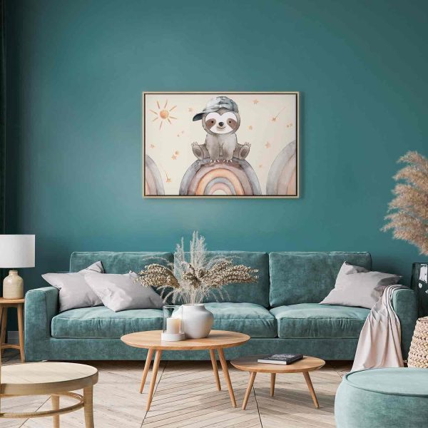Canvas Print - Happy Sloth - Sloth in Subdued Colors Wearing a Cap Sitting on a Rainbow Among Little Stars - Image 4