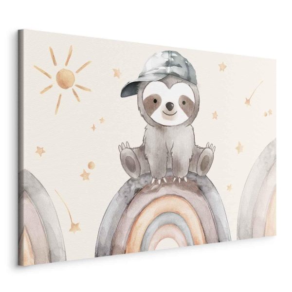 Canvas Print - Happy Sloth - Sloth in Subdued Colors Wearing a Cap Sitting on a Rainbow Among Little Stars - Image 2