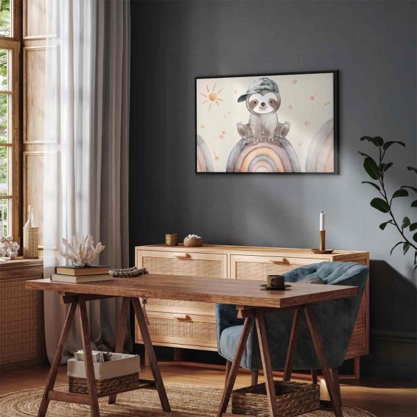 Canvas Print - Happy Sloth - Sloth in Subdued Colors Wearing a Cap Sitting on a Rainbow Among Little Stars - Image 11