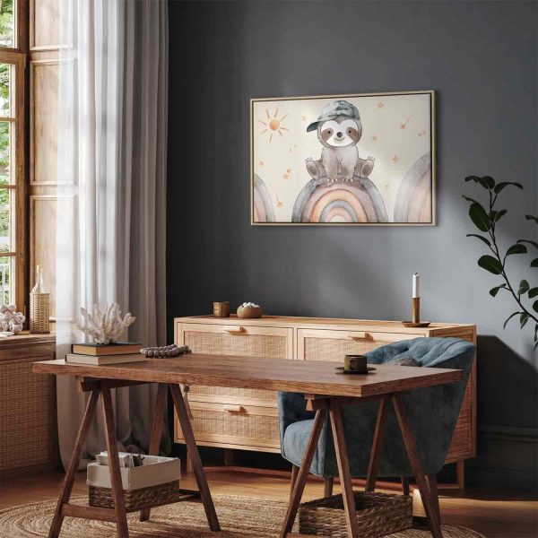 Canvas Print - Happy Sloth - Sloth in Subdued Colors Wearing a Cap Sitting on a Rainbow Among Little Stars - Image 12