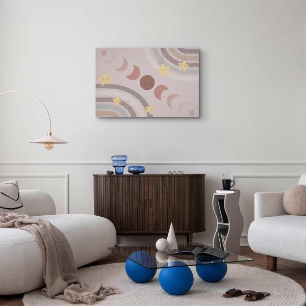 Canvas Print - Joyful Sky - Yellow Cheerful Stars with a Rainbow Against the Phases of the Moon in a Light Beige Sky Hue - Image 5