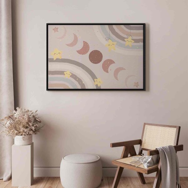 Canvas Print - Joyful Sky - Yellow Cheerful Stars with a Rainbow Against the Phases of the Moon in a Light Beige Sky Hue - Image 6
