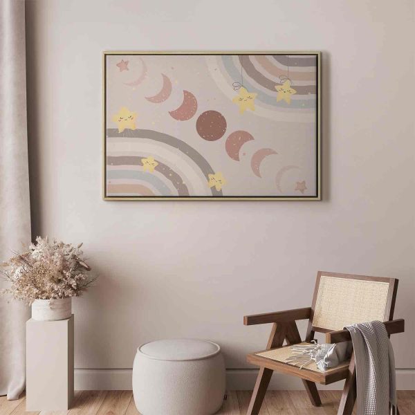 Canvas Print - Joyful Sky - Yellow Cheerful Stars with a Rainbow Against the Phases of the Moon in a Light Beige Sky Hue - Image 4