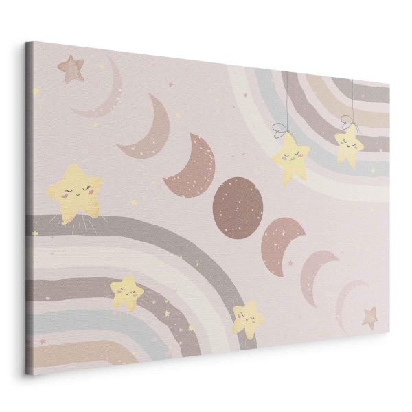 Canvas Print - Joyful Sky - Yellow Cheerful Stars with a Rainbow Against the Phases of the Moon in a Light Beige Sky Hue - Image 2