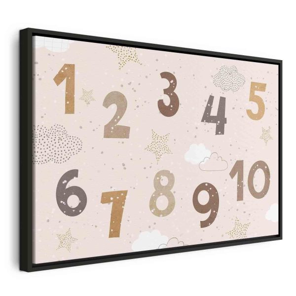 Canvas Print - Jumping Numbers - Numbers in a Subdued Beige-Brown Hue Among Snowflakes Stars and Clouds