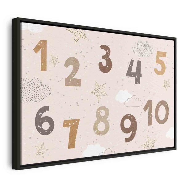 Canvas Print - Jumping Numbers - Numbers in a Subdued Beige-Brown Hue Among Snowflakes Stars and Clouds