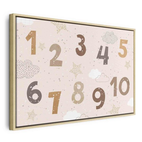 Canvas Print - Jumping Numbers - Numbers in a Subdued Beige-Brown Hue Among Snowflakes Stars and Clouds
