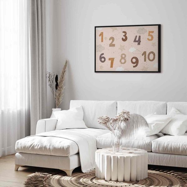 Canvas Print - Jumping Numbers - Numbers in a Subdued Beige-Brown Hue Among Snowflakes Stars and Clouds