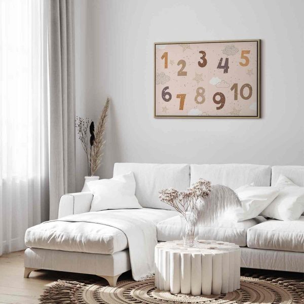Canvas Print - Jumping Numbers - Numbers in a Subdued Beige-Brown Hue Among Snowflakes Stars and Clouds