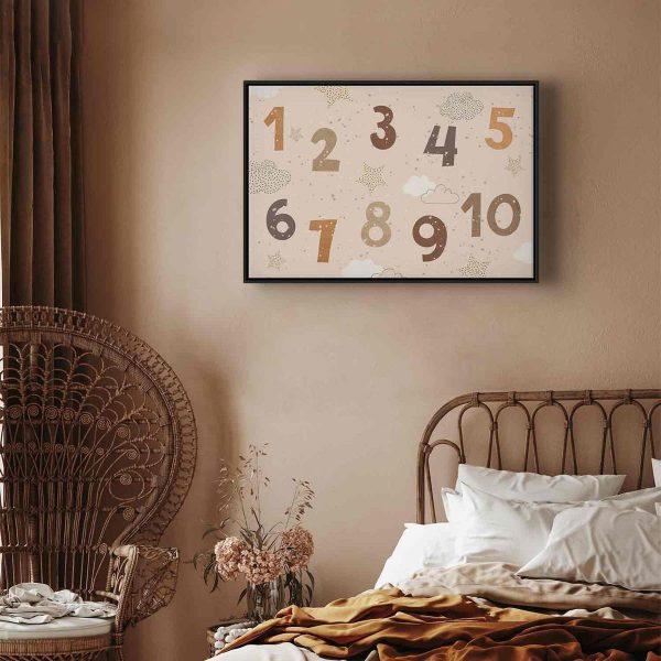 Canvas Print - Jumping Numbers - Numbers in a Subdued Beige-Brown Hue Among Snowflakes Stars and Clouds