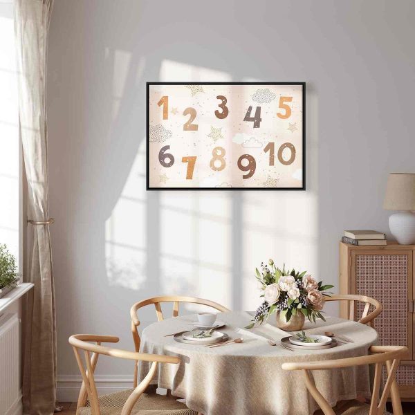 Canvas Print - Jumping Numbers - Numbers in a Subdued Beige-Brown Hue Among Snowflakes Stars and Clouds