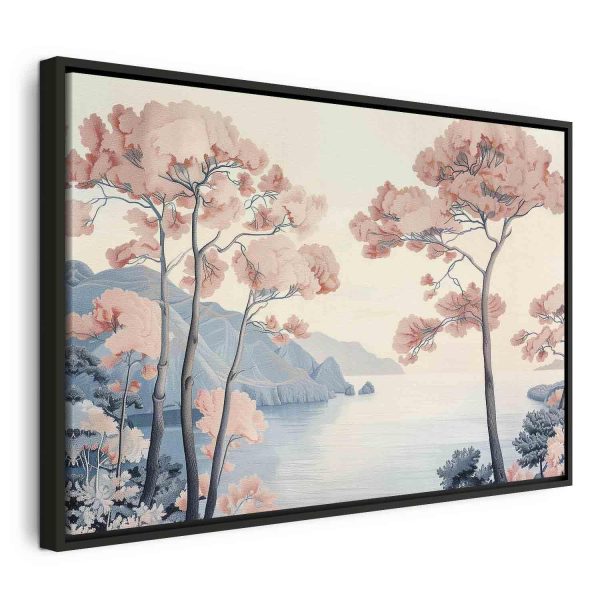 Canvas Print - Landscape with the Ocean Cliffs and Trees in Delicate Pink Shades