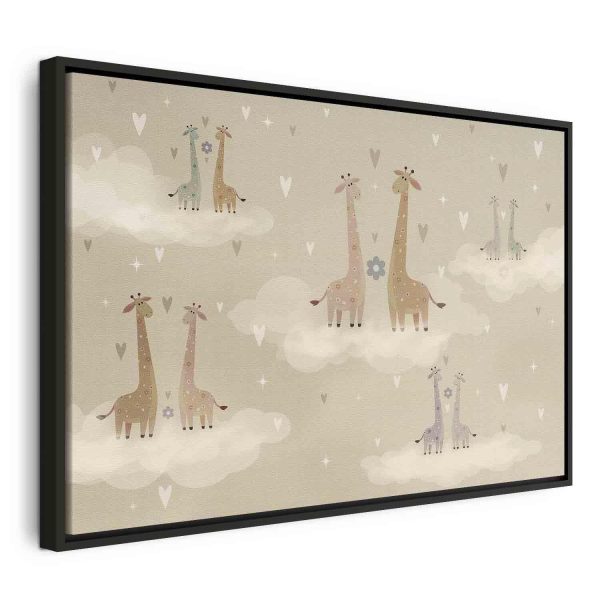 Canvas Print - Love - Colorful Giraffes Floating on Clouds Among Hearts and Stars