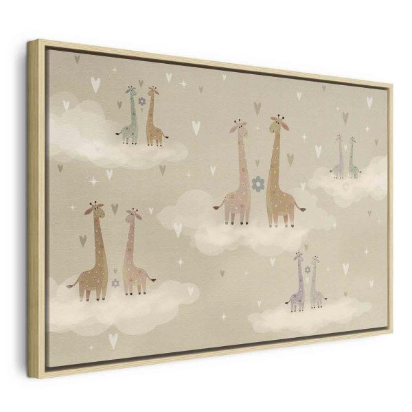 Canvas Print - Love - Colorful Giraffes Floating on Clouds Among Hearts and Stars