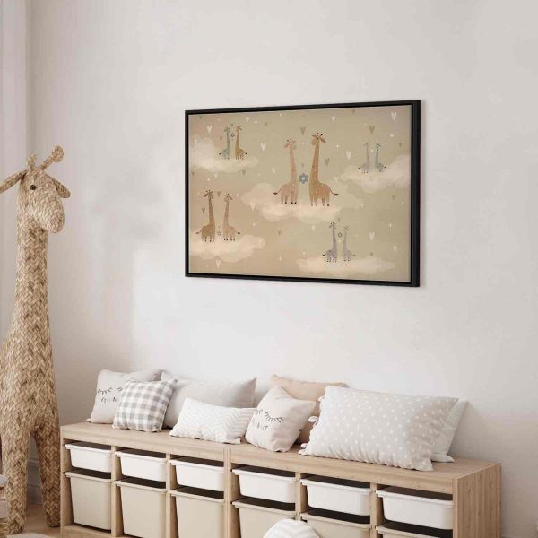 Canvas Print - Love - Colorful Giraffes Floating on Clouds Among Hearts and Stars