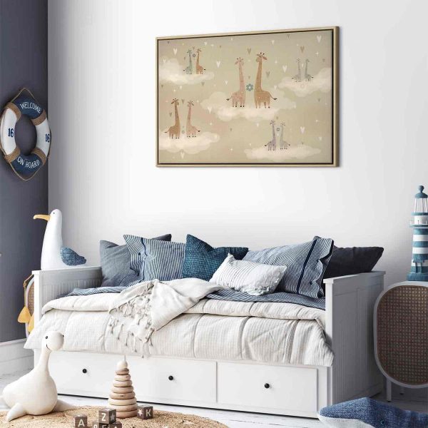 Canvas Print - Love - Colorful Giraffes Floating on Clouds Among Hearts and Stars