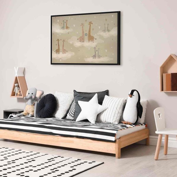 Canvas Print - Love - Colorful Giraffes Floating on Clouds Among Hearts and Stars