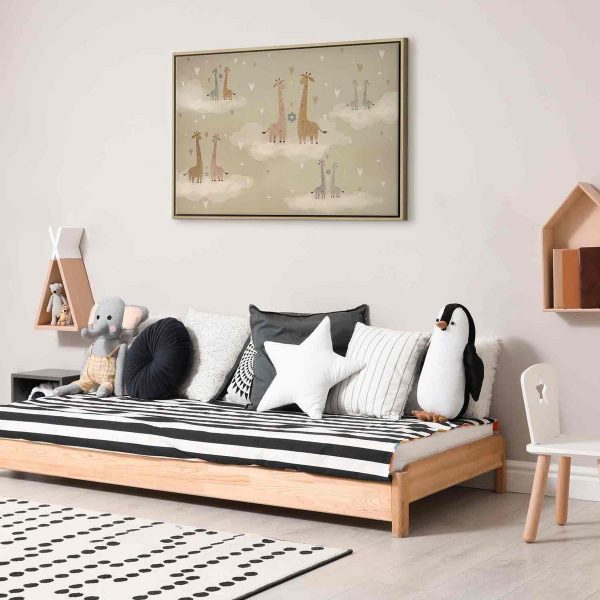 Canvas Print - Love - Colorful Giraffes Floating on Clouds Among Hearts and Stars