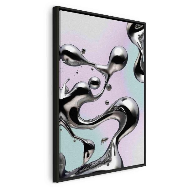Canvas Print - Metallic Fluidity - Abstract Silver Forms on a Mint-Purple Background
